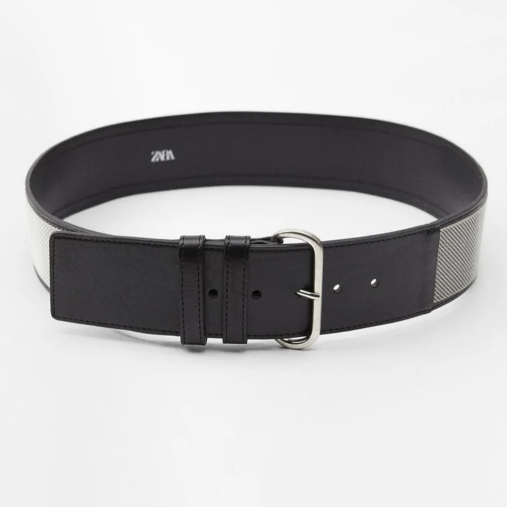 Zara Black Leather Belt With Metal Mesh New With Tags